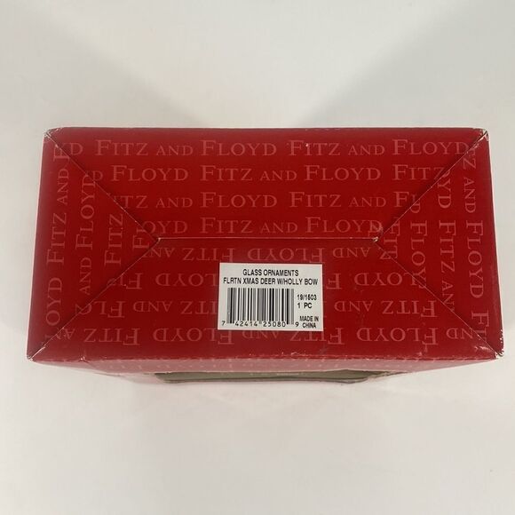 Fitz and Floyd Glass Ornament Christmas Deer with Holly Bow - Picture 3 of 9